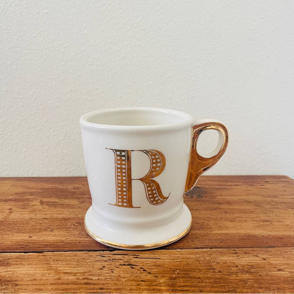 Anthropologie R Golden Coffee Mug with Gold Detailing Monogram Cup
